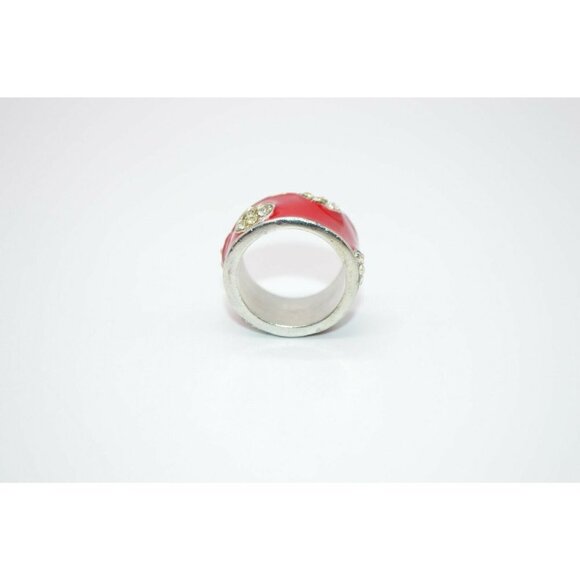 Red Enamel Clear Rhinestone Dot Abstract Silver - Picture 3 of 4